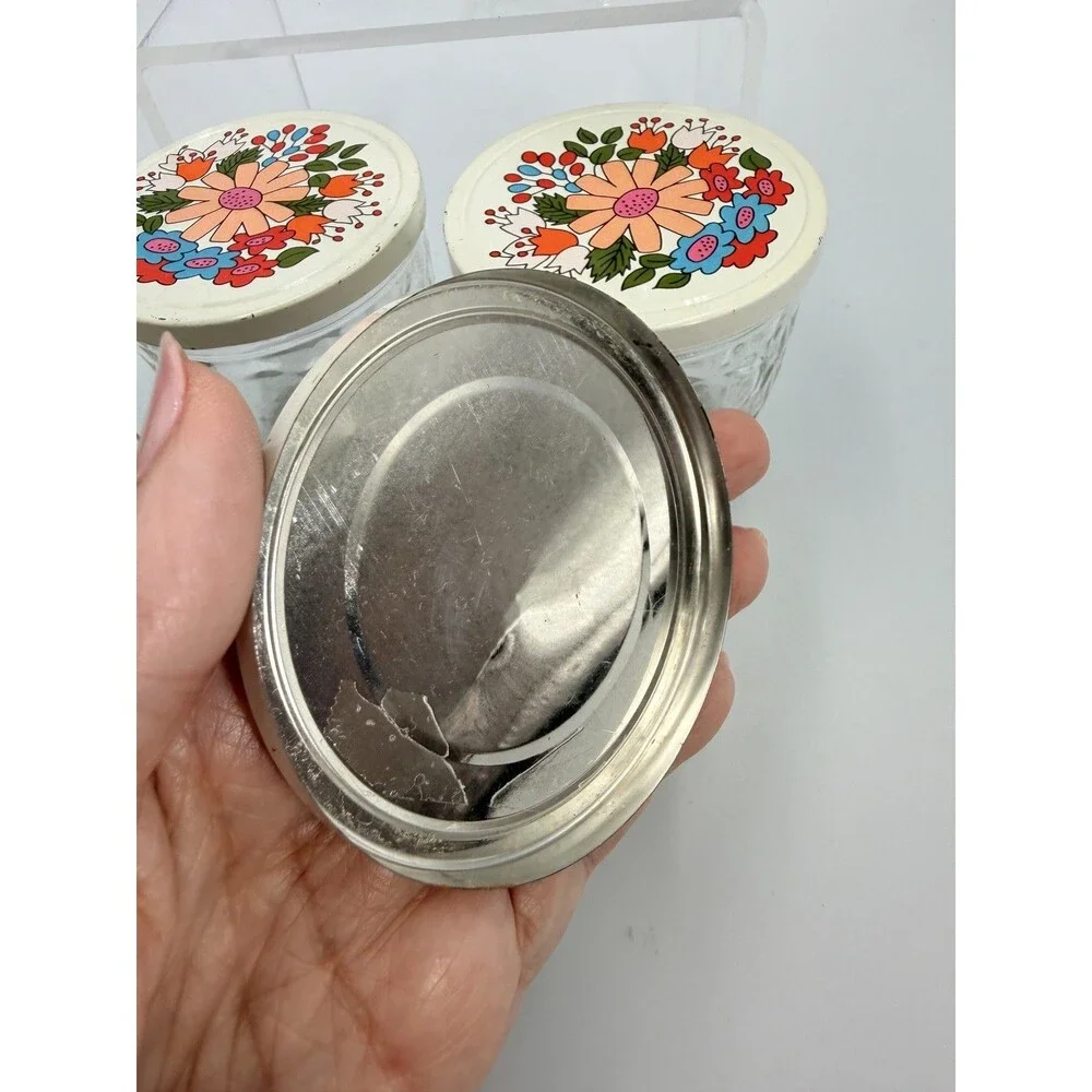 1960's Ball Quilted Glass #810 Jelly Jars White Floral Metal Caps Set 4 MCM